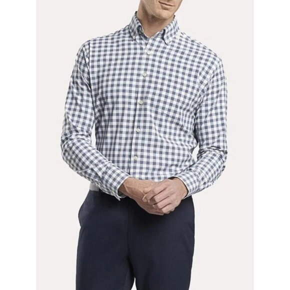 New Peter Millar MED Jordan Check Performance Woven Sport Shirt Navy Blue White - Picture 2 of 2